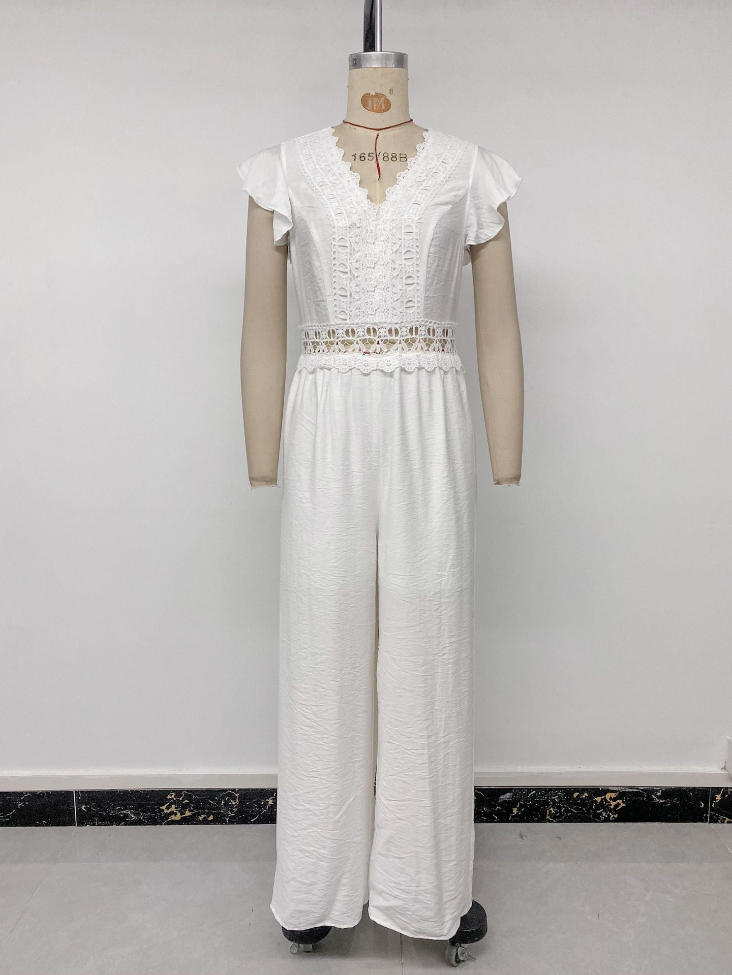 Crochet-Trim Jumpsuit with Ruffled Sleeves