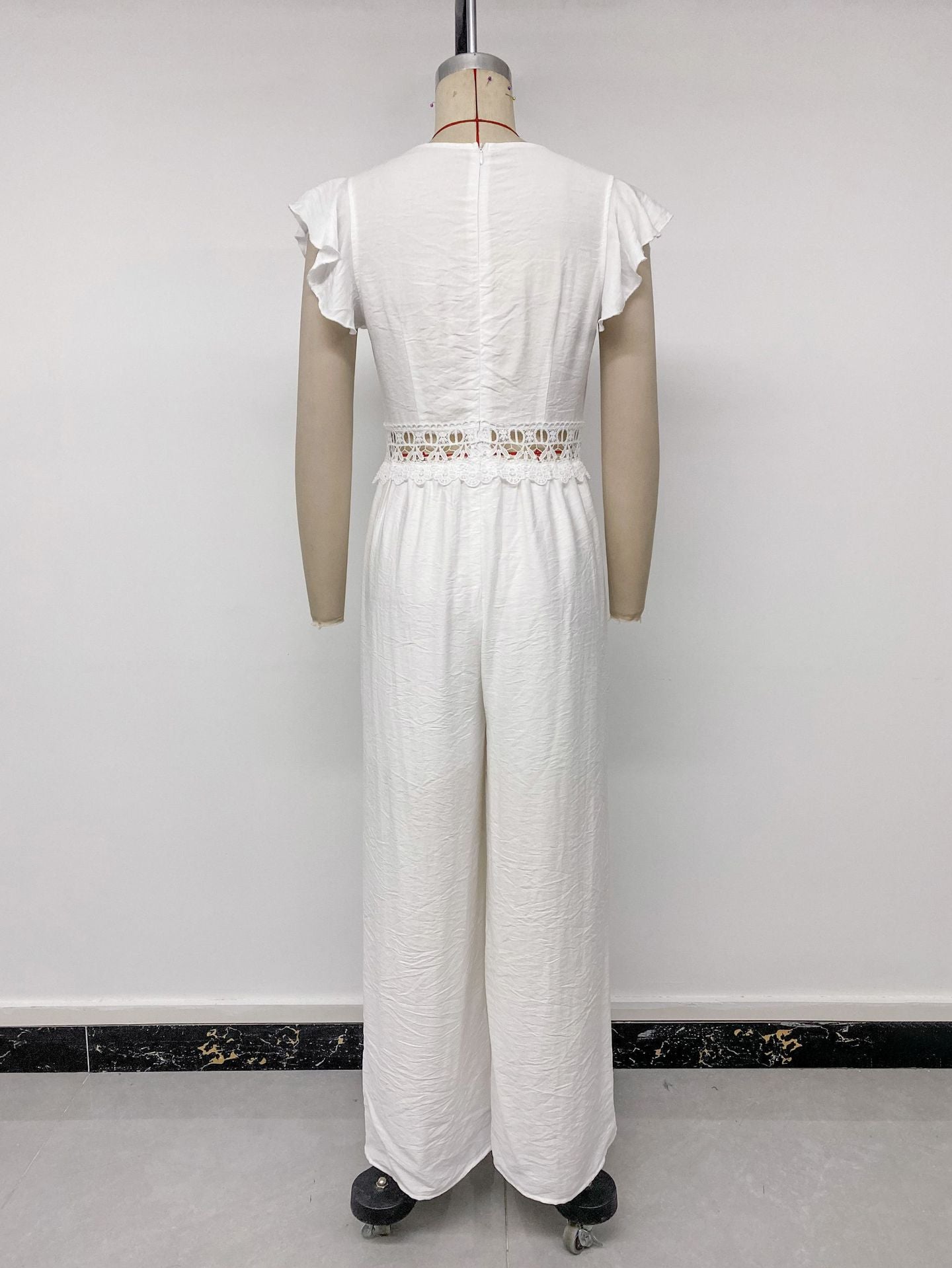 Crochet-Trim Jumpsuit with Ruffled Sleeves