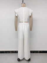 Crochet-Trim Jumpsuit with Ruffled Sleeves