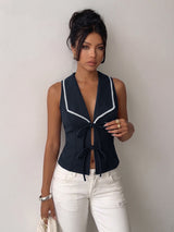 Sleeveless Tie-Front Top with Trim