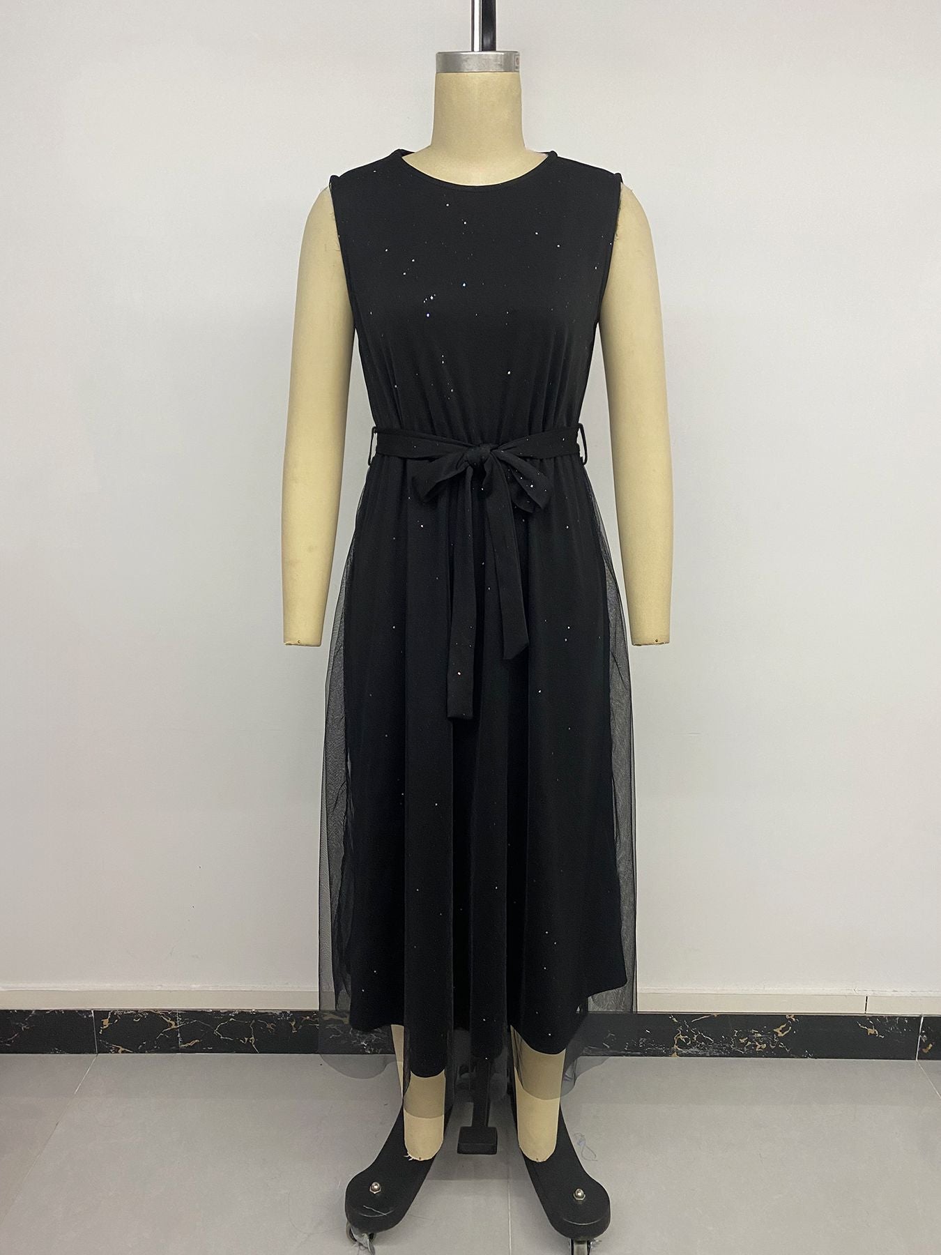 Black Sleeveless Midi Dress with Sheer Overlay