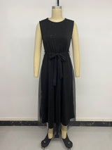 Black Sleeveless Midi Dress with Sheer Overlay