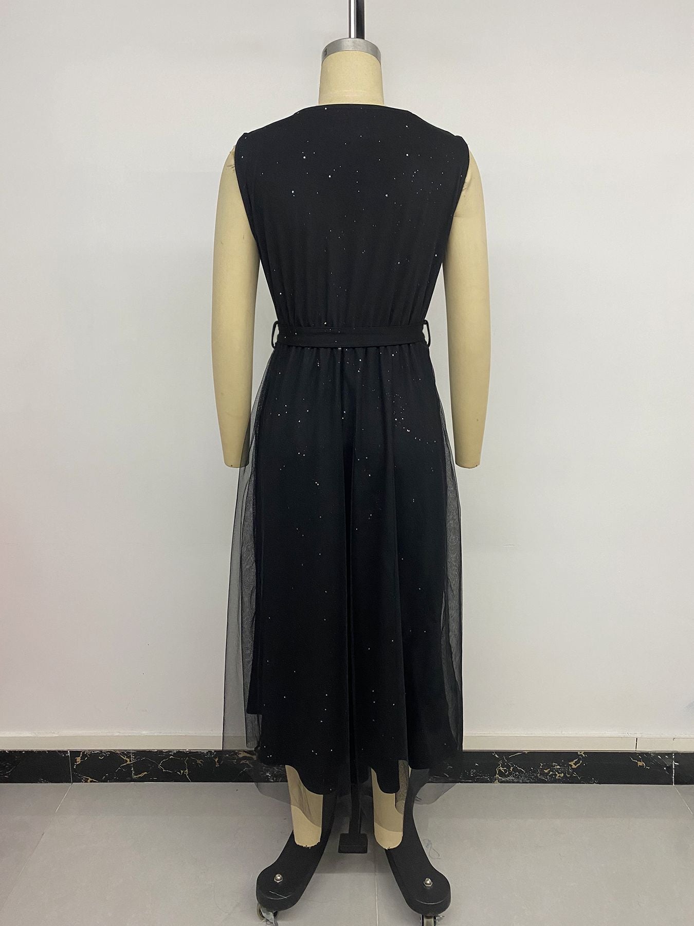 Black Sleeveless Midi Dress with Sheer Overlay