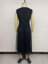 Black Sleeveless Midi Dress with Sheer Overlay