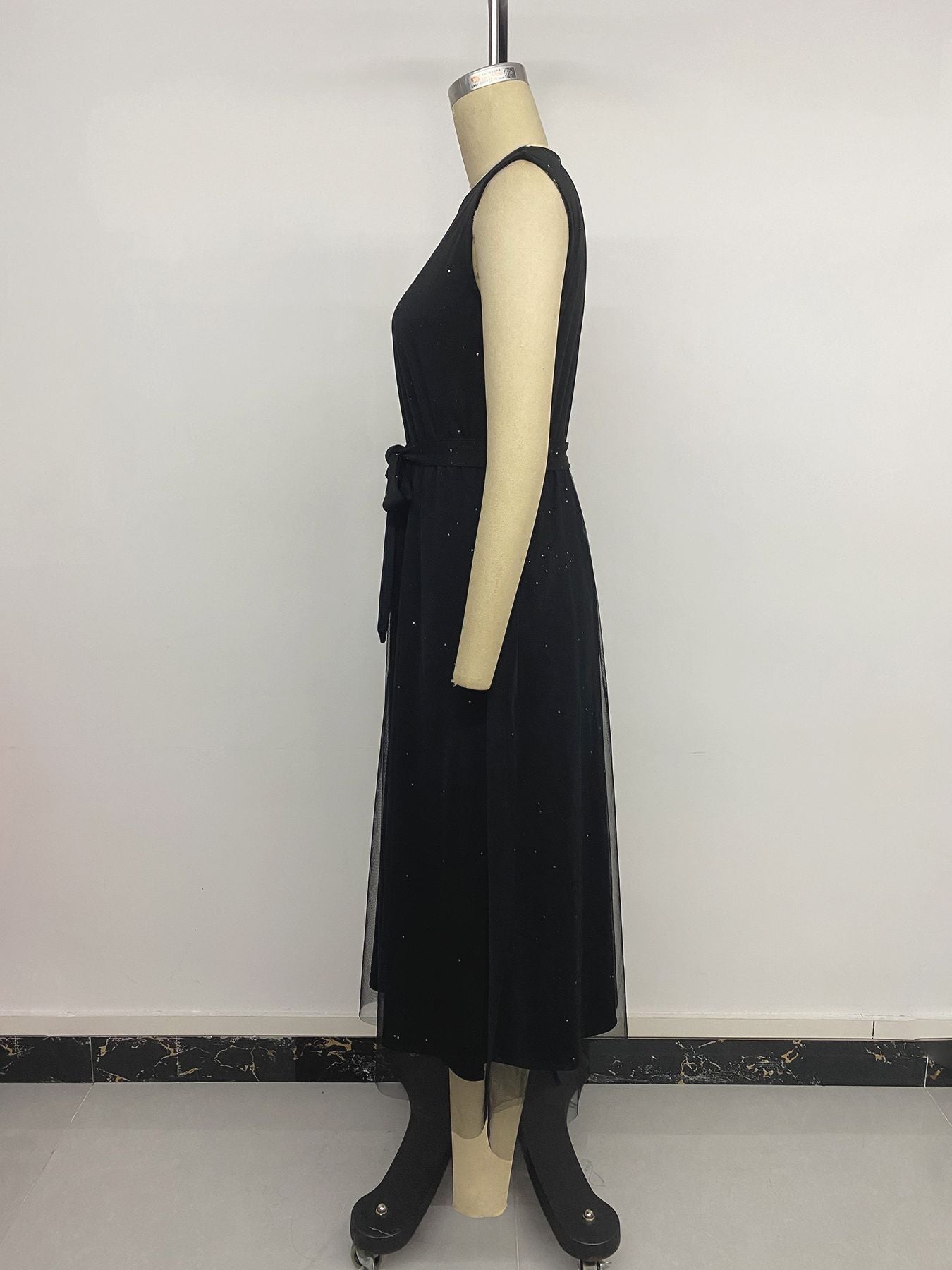 Black Sleeveless Midi Dress with Sheer Overlay