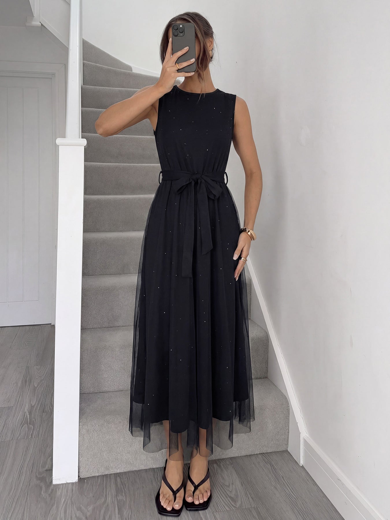 Black Sleeveless Midi Dress with Sheer Overlay