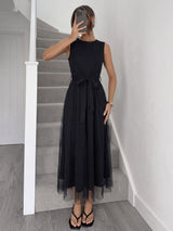 Black Sleeveless Midi Dress with Sheer Overlay
