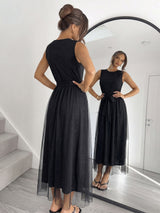 Black Sleeveless Midi Dress with Sheer Overlay