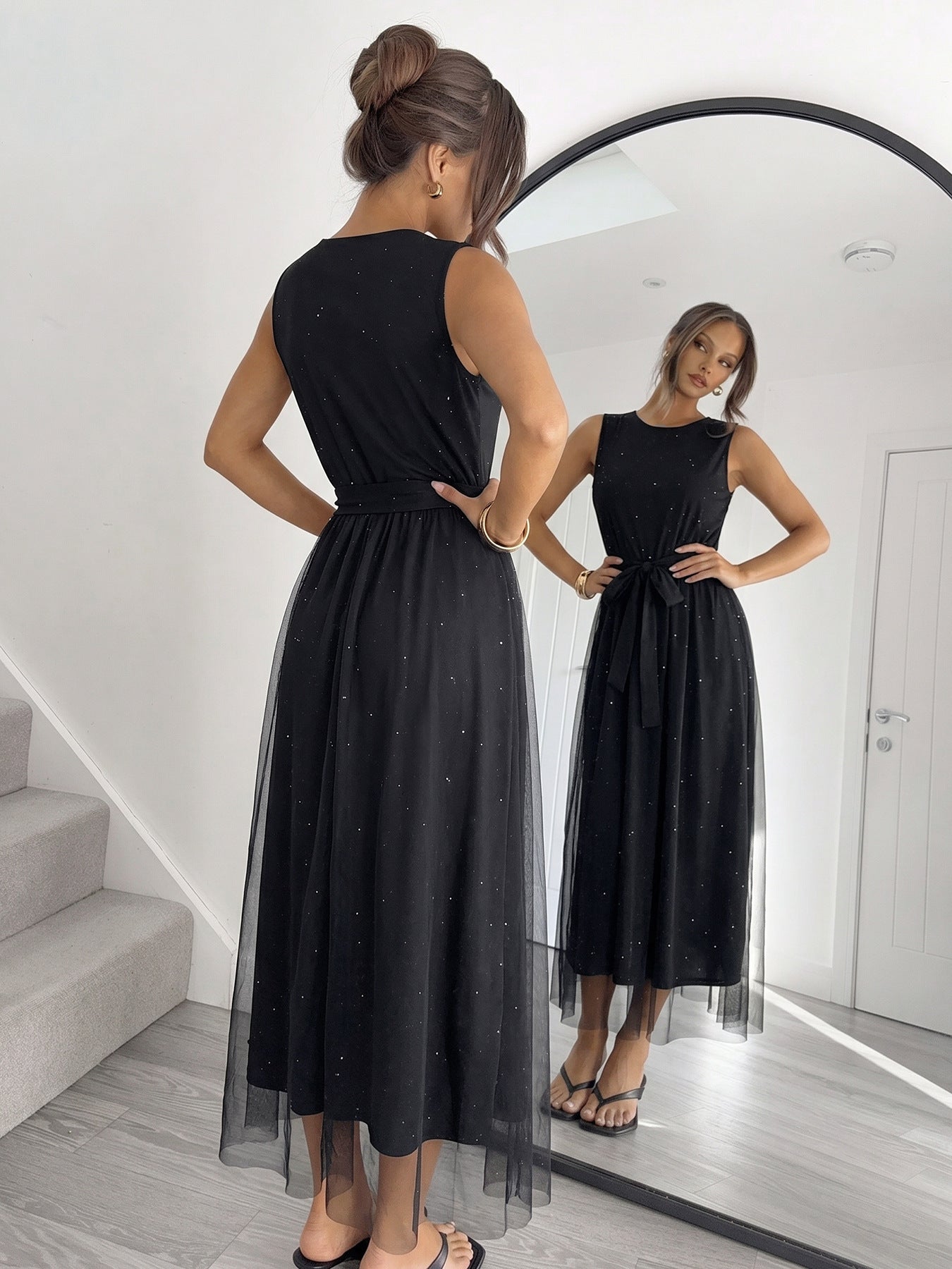 Black Sleeveless Midi Dress with Sheer Overlay