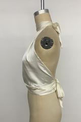 Ivory Satin Halter Neck Top with High Collar