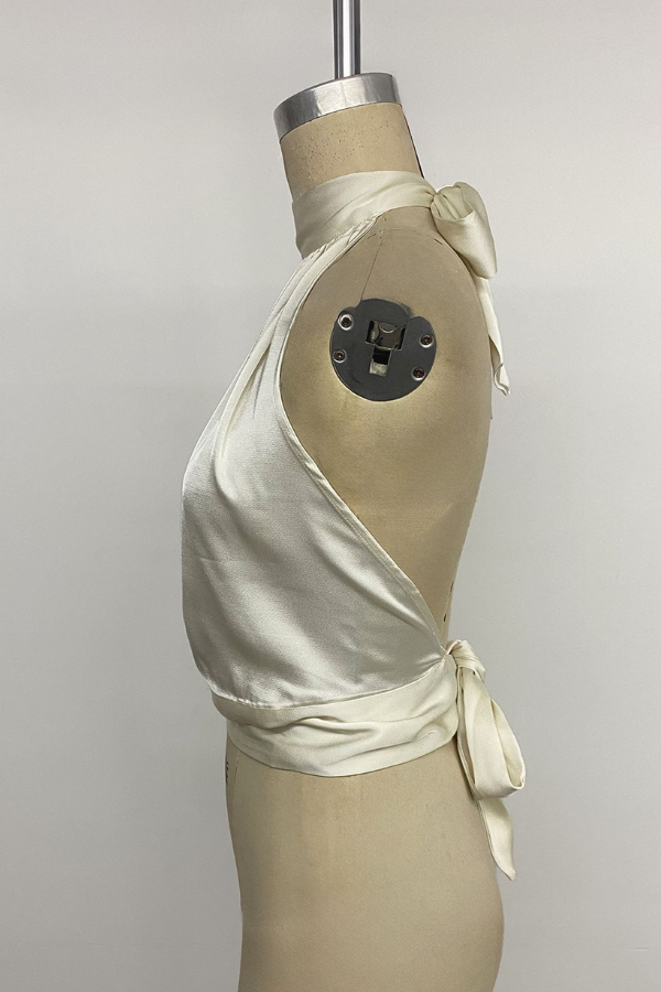 Ivory Satin Halter Neck Top with High Collar