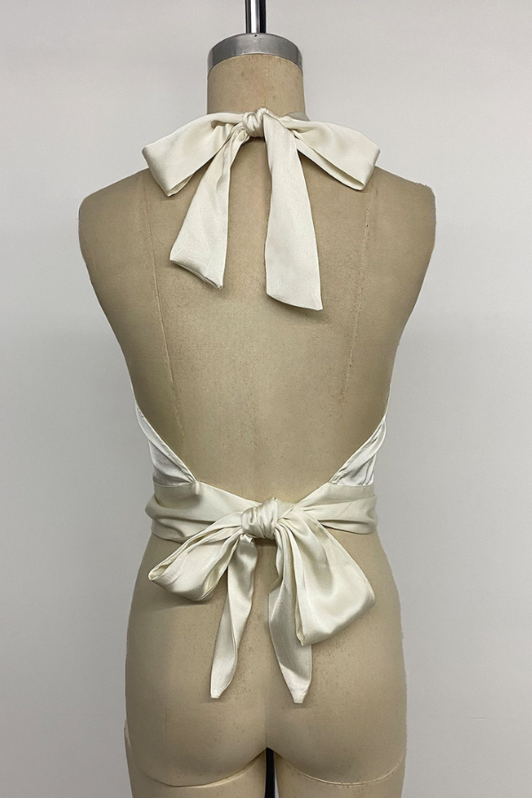 Ivory Satin Halter Neck Top with High Collar