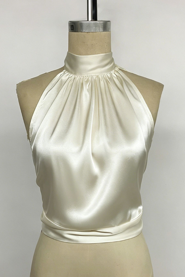 Ivory Satin Halter Neck Top with High Collar