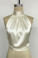 Ivory Satin Halter Neck Top with High Collar