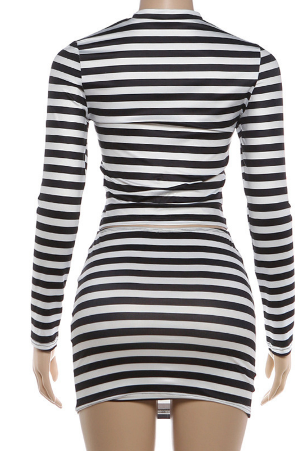 Black White Striped Bodycon Crop Top Set
