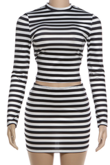 Black White Striped Bodycon Crop Top Set