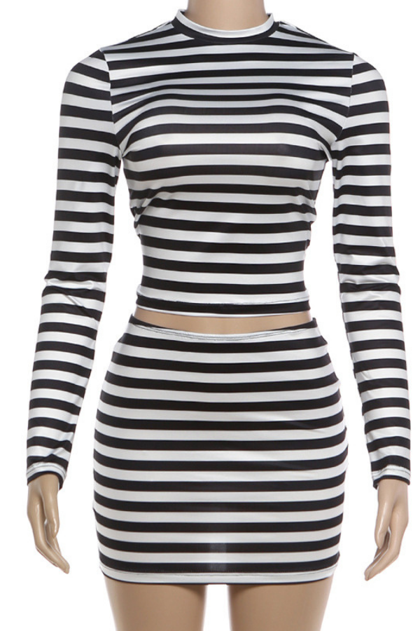 Black White Striped Bodycon Crop Top Set