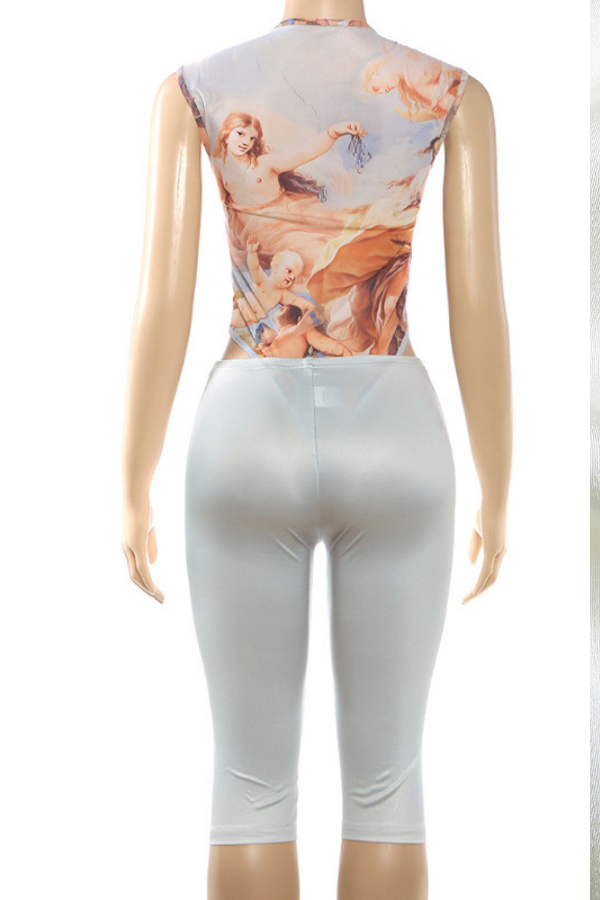 Art Print Bodysuit & Cutout Capri Set