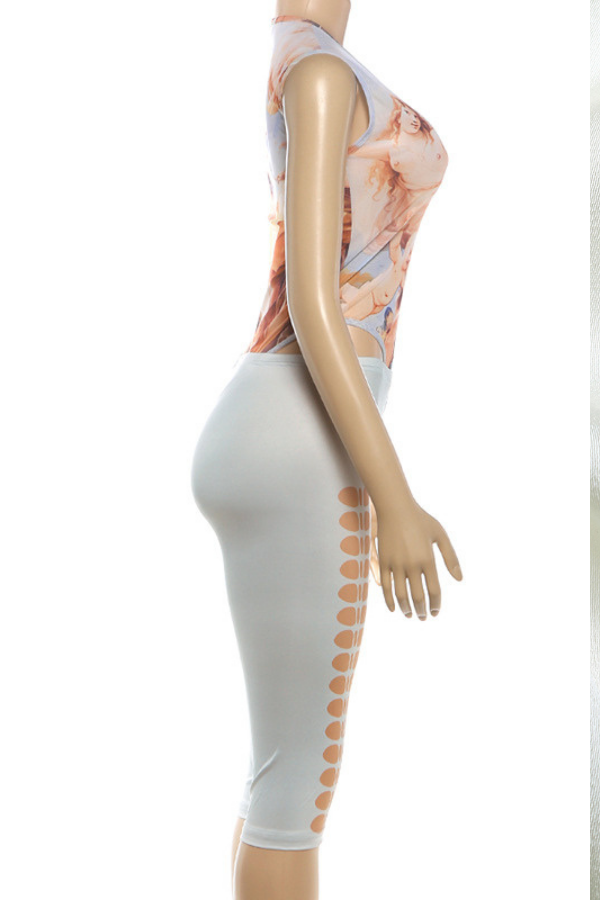 Art Print Bodysuit & Cutout Capri Set