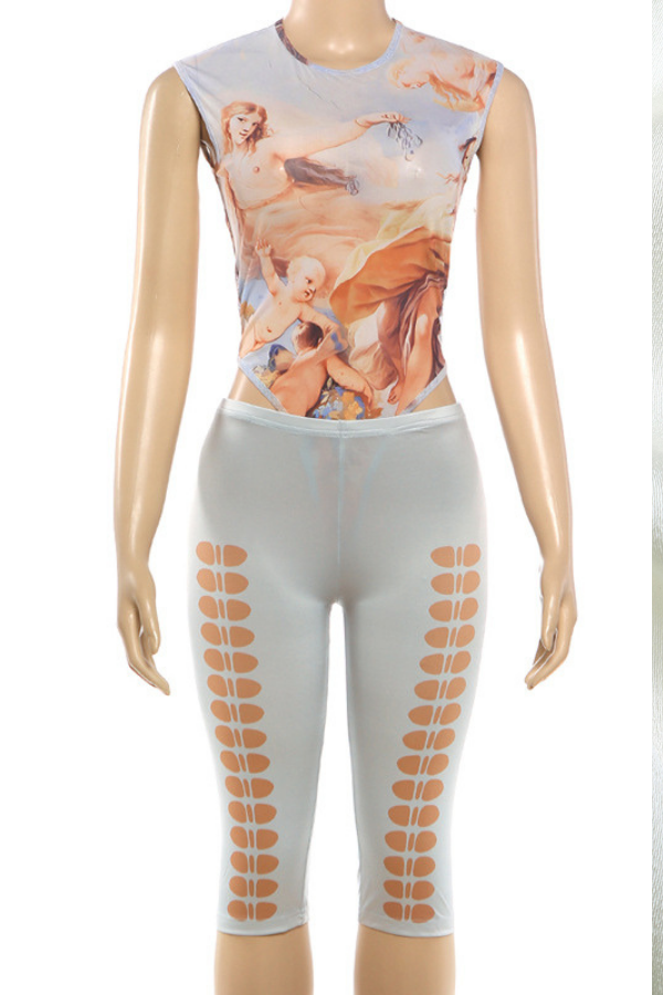 Art Print Bodysuit & Cutout Capri Set