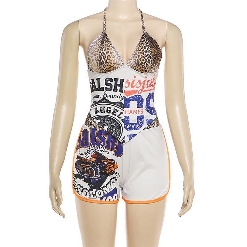 Leopard Patchwork Halter Romper with Shorts