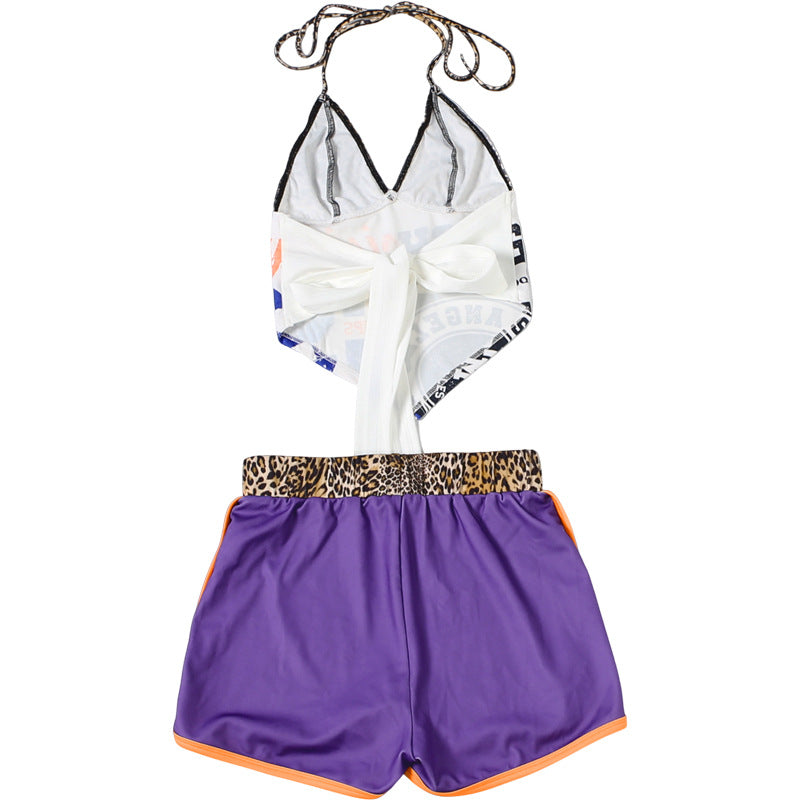 Leopard Patchwork Halter Romper with Shorts