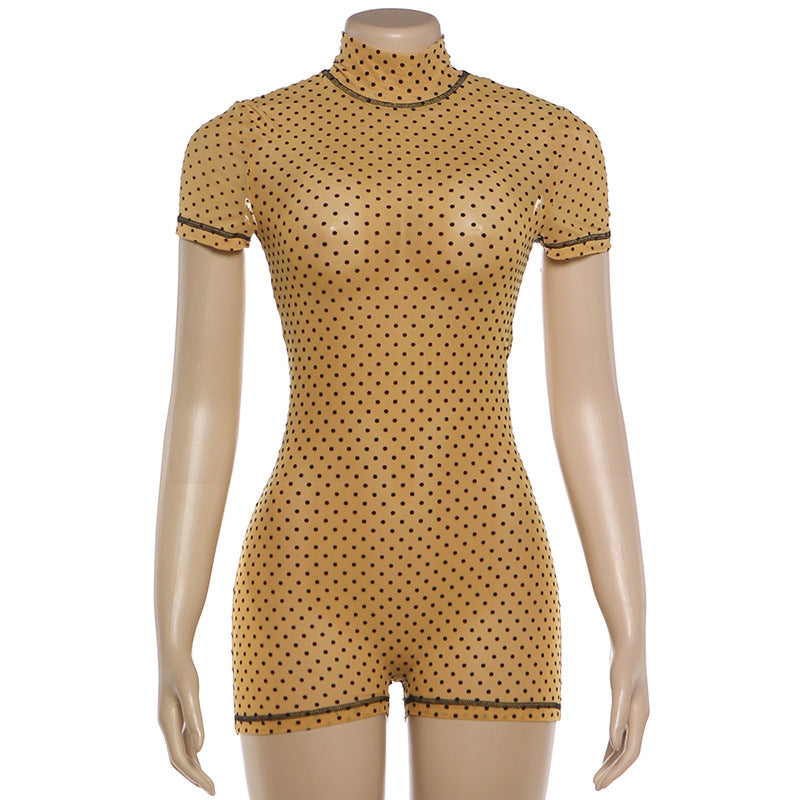Mustard Polka Dot High Neck Bodycon Romper