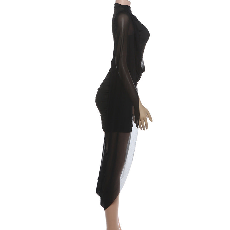 Black Sheer Mesh Sleeve Bodycon Mini Dress