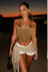 Gold Fringe Halter Crop Top with Tassel Detail