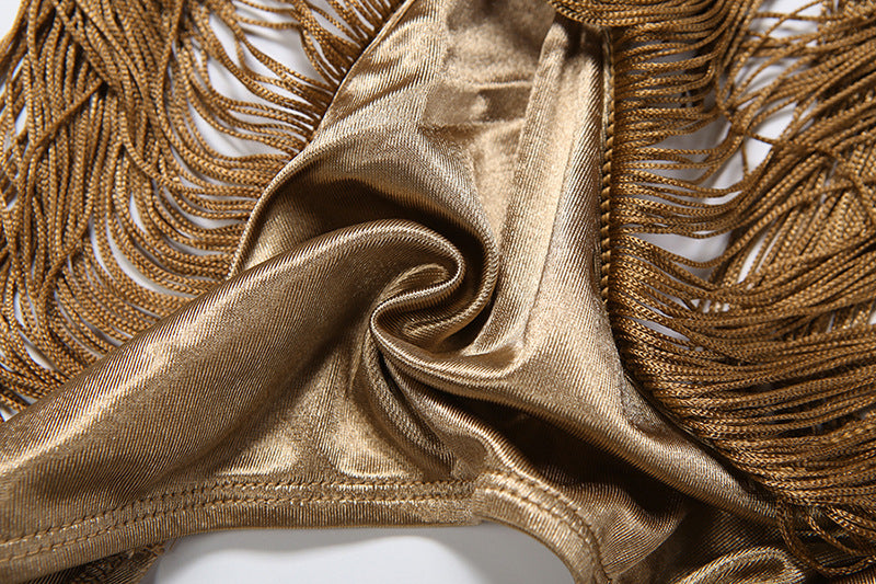 Gold Fringe Halter Crop Top with Tassel Detail