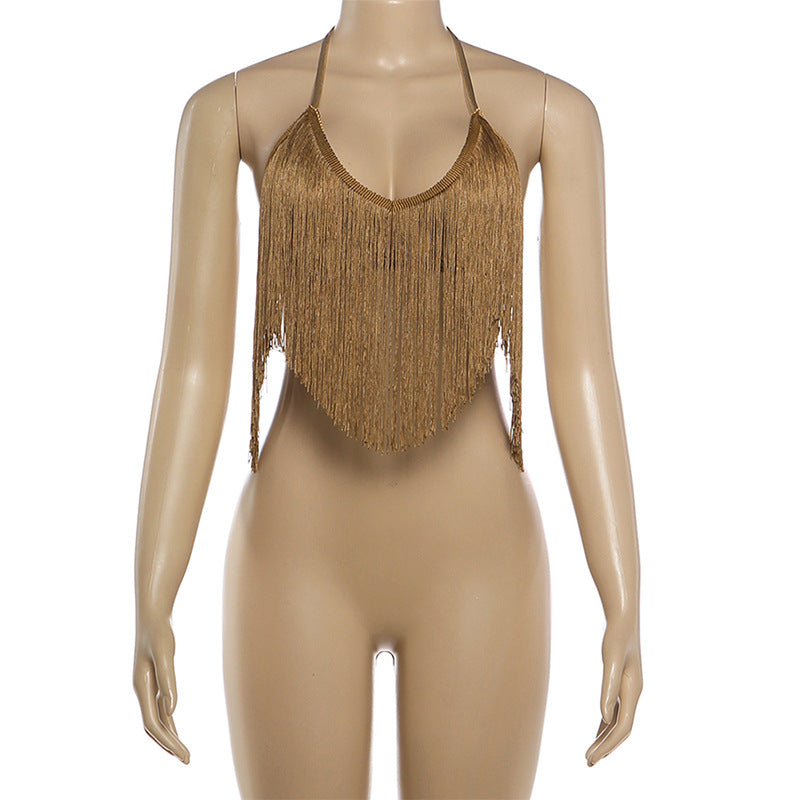 Gold Fringe Halter Crop Top with Tassel Detail