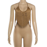 Gold Fringe Halter Crop Top with Tassel Detail