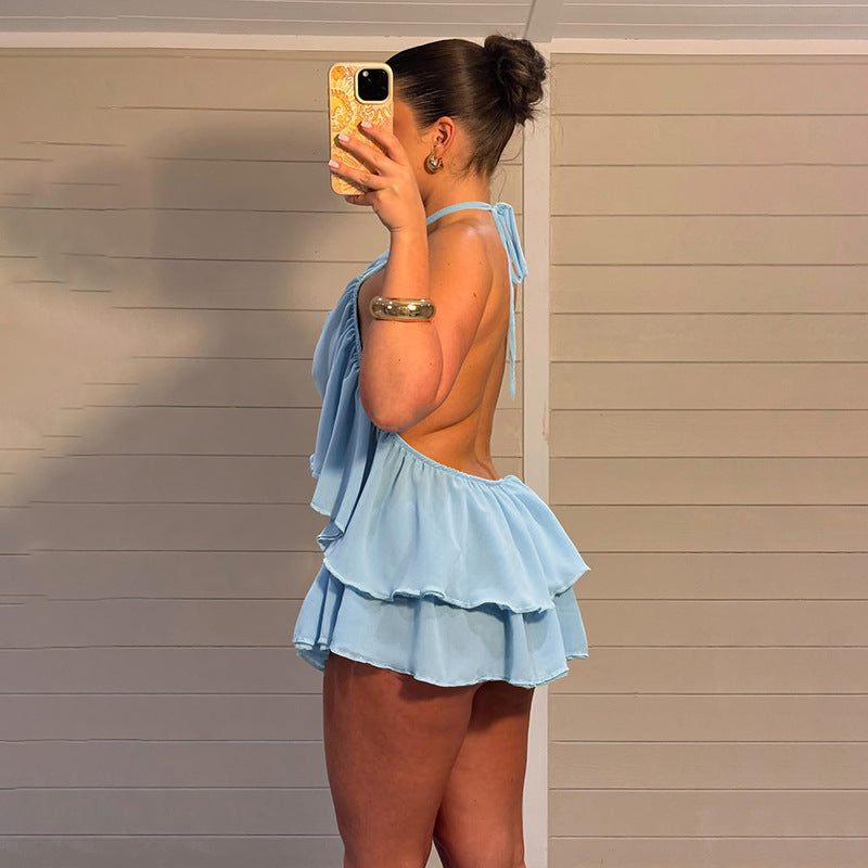 Sky Blue Ruffle Halter Top & Flowy Shorts Set
