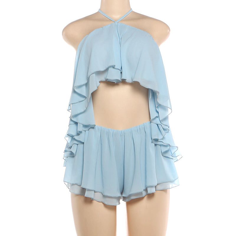 Sky Blue Ruffle Halter Top & Flowy Shorts Set