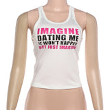 White Graphic Racerback Tank with Slogan Print