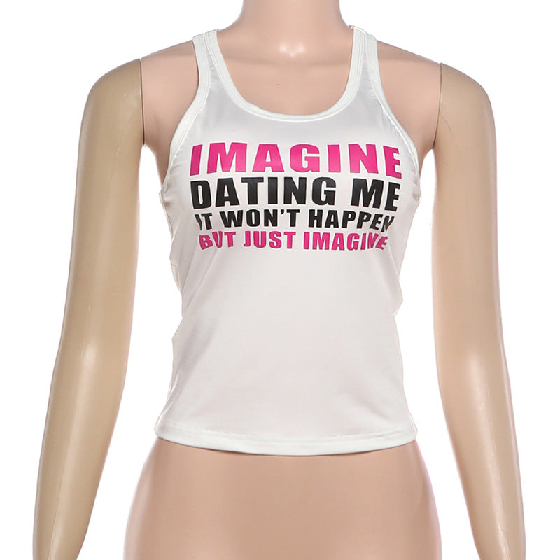 White Graphic Racerback Tank with Slogan Print