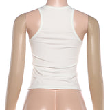 White Graphic Racerback Tank with Slogan Print
