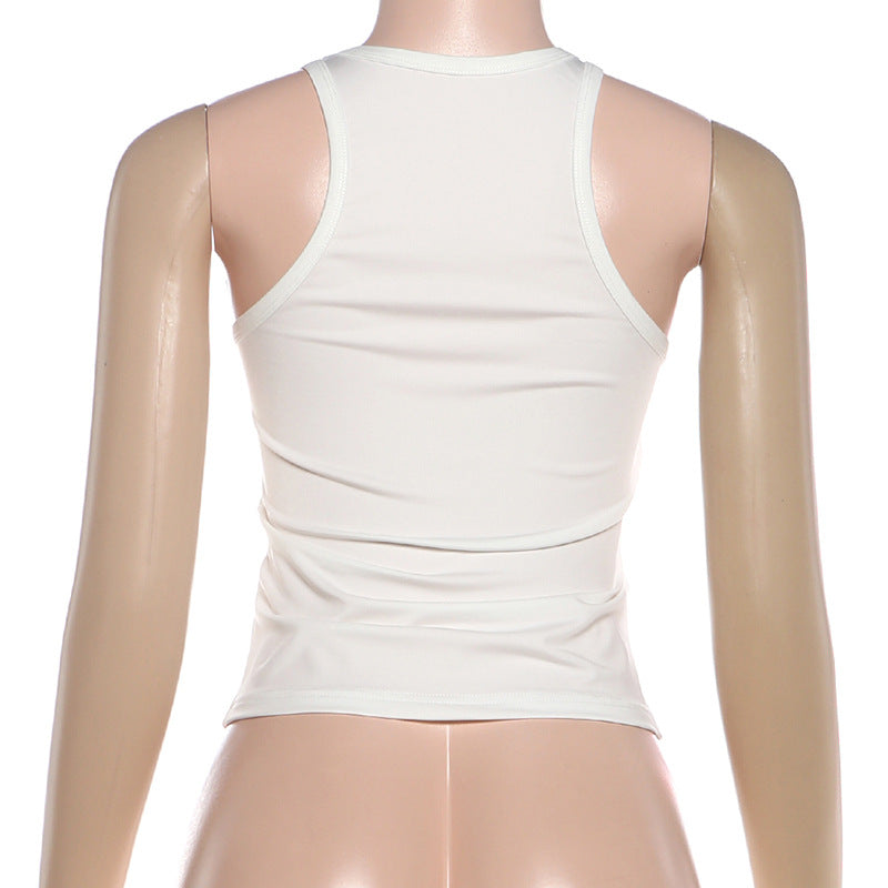 White Graphic Racerback Tank with Slogan Print