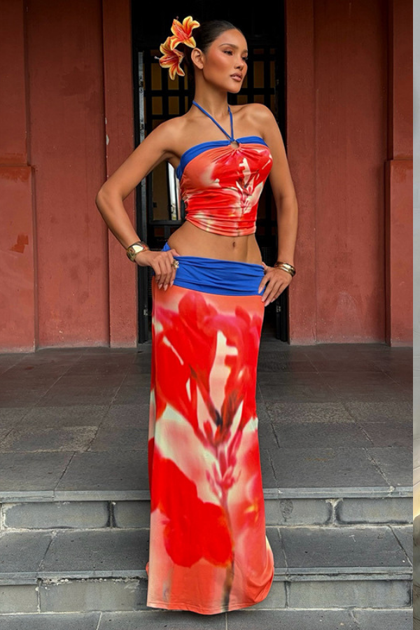 Red Abstract Halter Top & Maxi Skirt Set