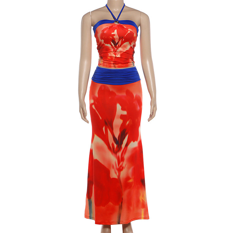 Red Abstract Halter Top & Maxi Skirt Set