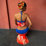 Red Abstract Halter Top & Maxi Skirt Set