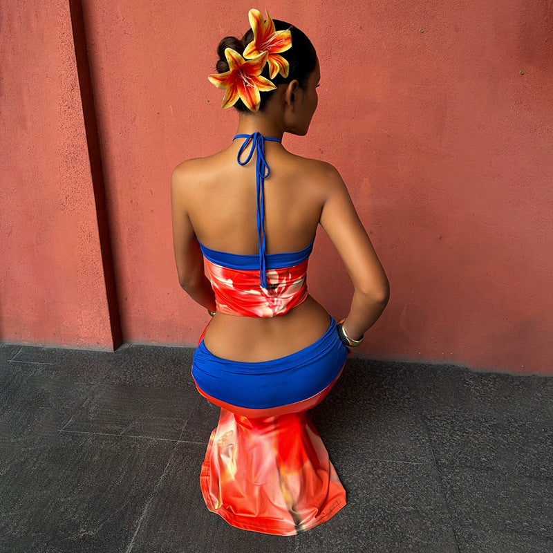 Red Abstract Halter Top & Maxi Skirt Set