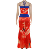 Red Abstract Halter Top & Maxi Skirt Set