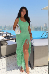 Mint Green Bodycon Maxi Dress with Fringe Hem