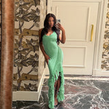 Mint Green Bodycon Maxi Dress with Fringe Hem