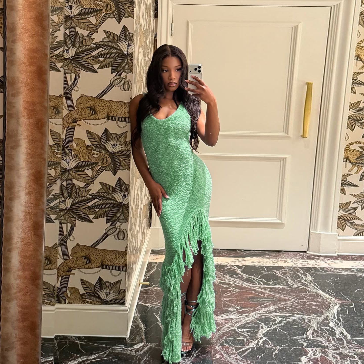 Mint Green Bodycon Maxi Dress with Fringe Hem