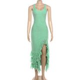Mint Green Bodycon Maxi Dress with Fringe Hem