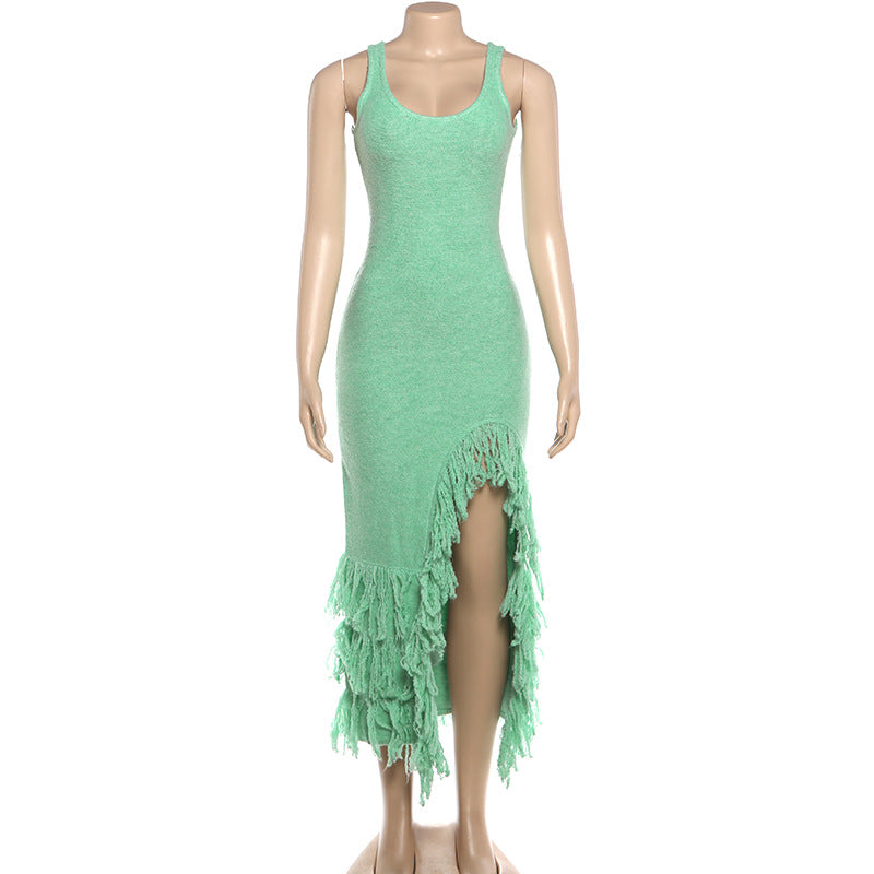Mint Green Bodycon Maxi Dress with Fringe Hem