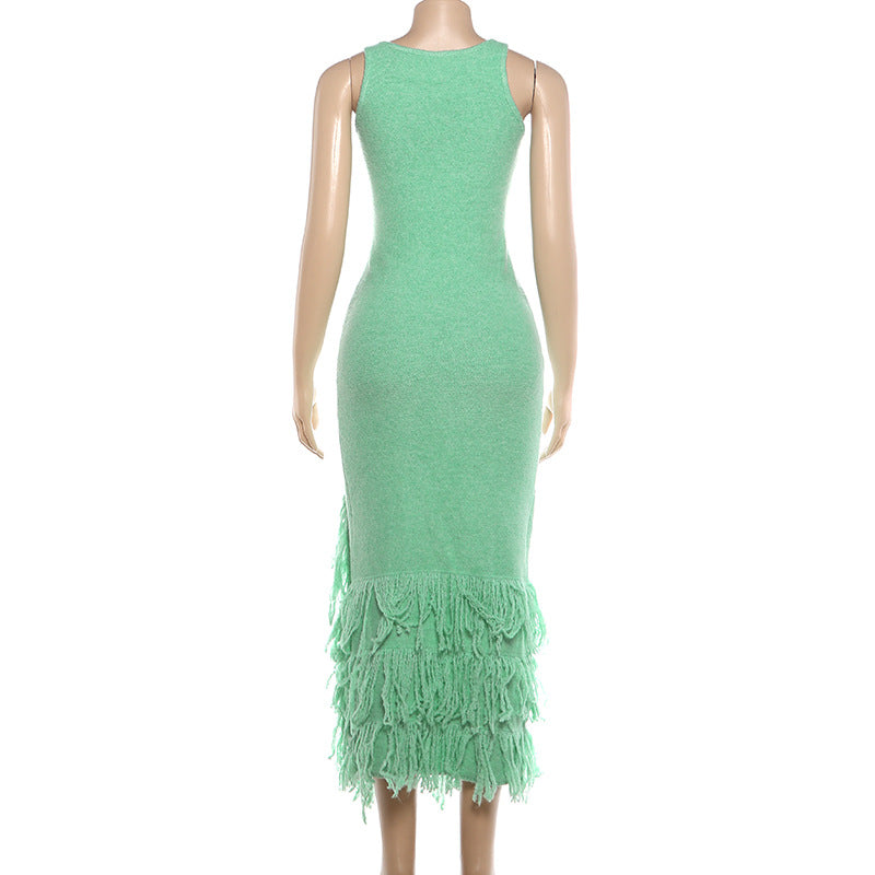 Mint Green Bodycon Maxi Dress with Fringe Hem