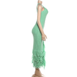 Mint Green Bodycon Maxi Dress with Fringe Hem